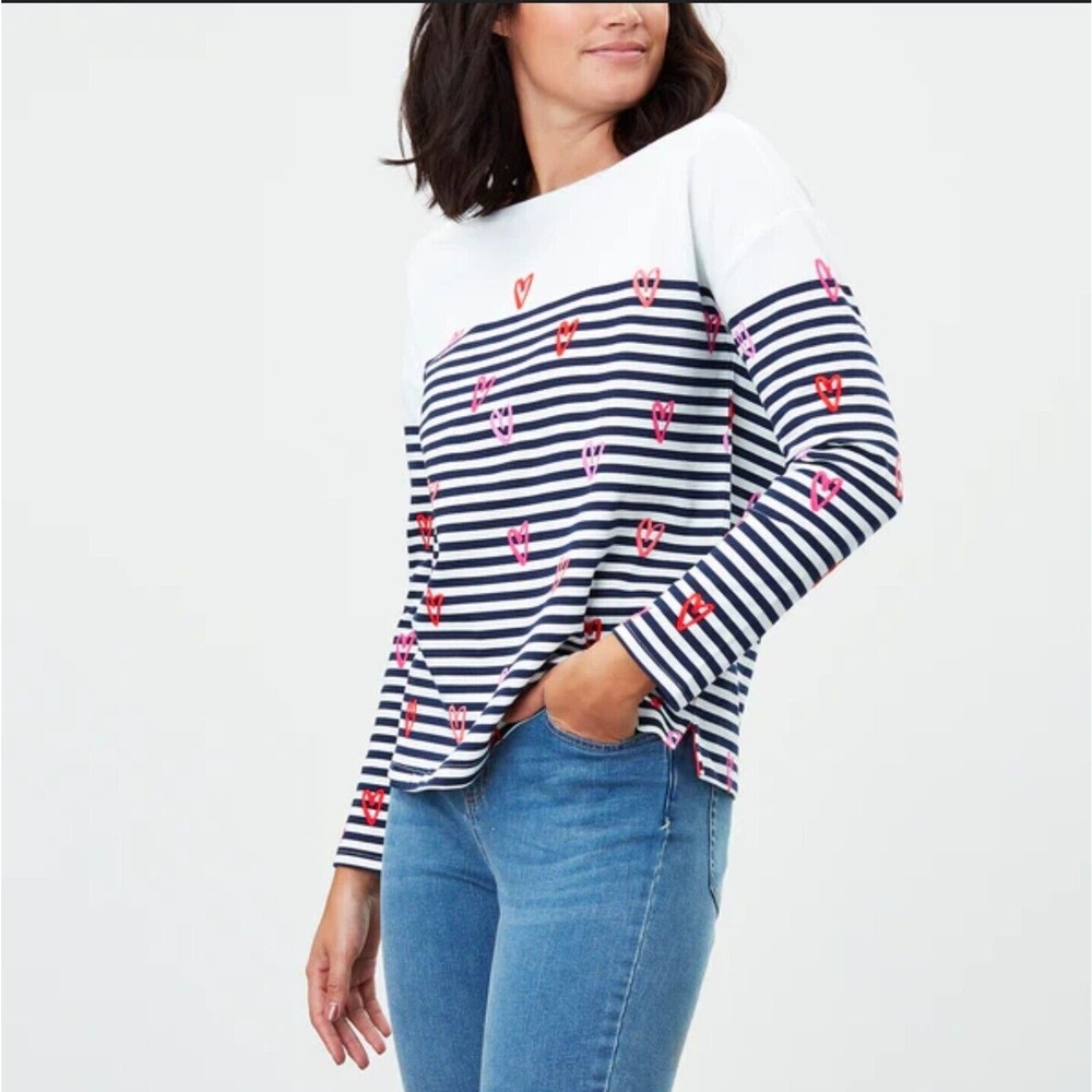 Joules Womens Marina Dropped Shoulder Jersey Top Hearts Stripes Size 10